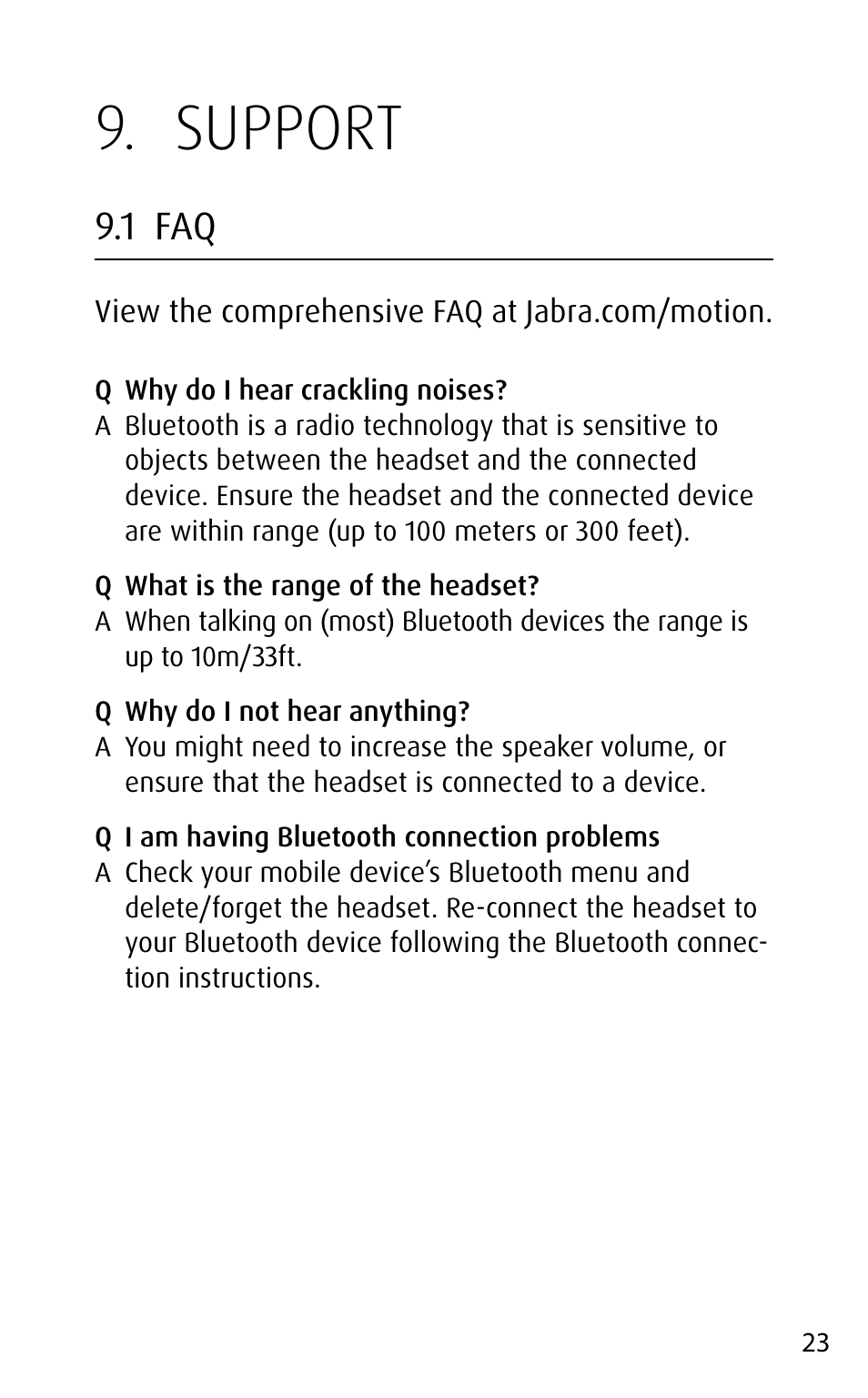 Support, 1 faq, English | Jabra MOTION User Manual | Page 23 / 25