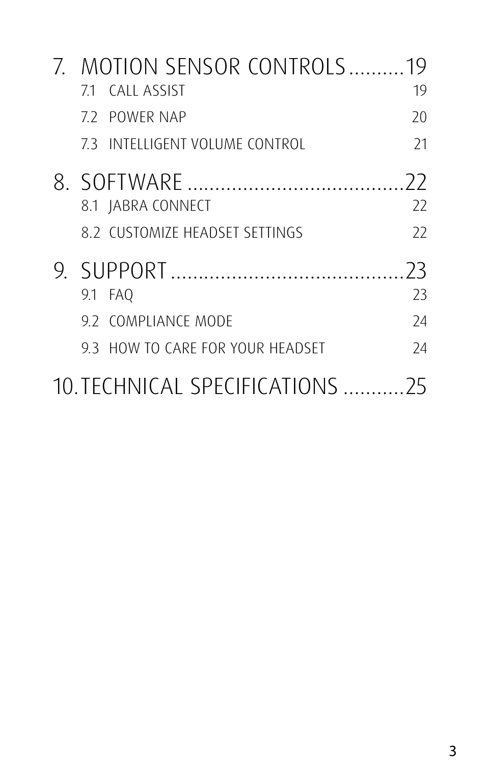 Motion sensor controls, Software, Support | Technical specifications, English | Jabra MOTION User Manual | Page 3 / 25