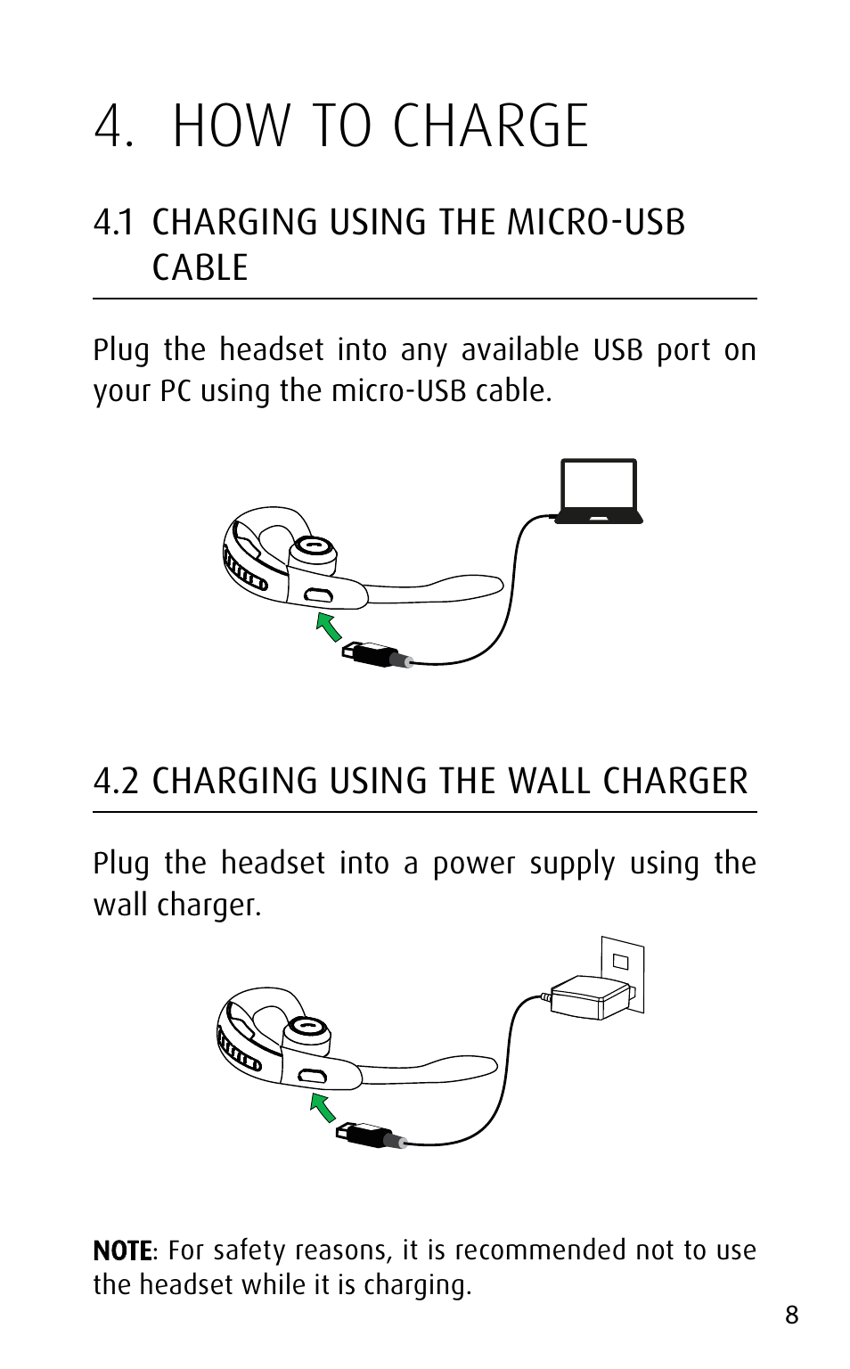 How to charge, 1 charging using the micro-usb cable, 2 charging using the wall charger | Jabra MOTION User Manual | Page 8 / 25