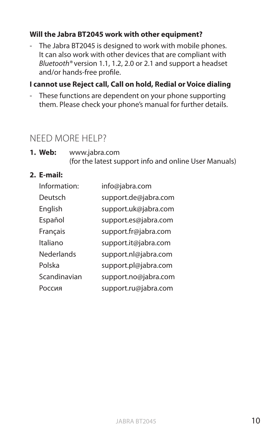 English, Need more help | Jabra BT2045 User Manual | Page 11 / 14
