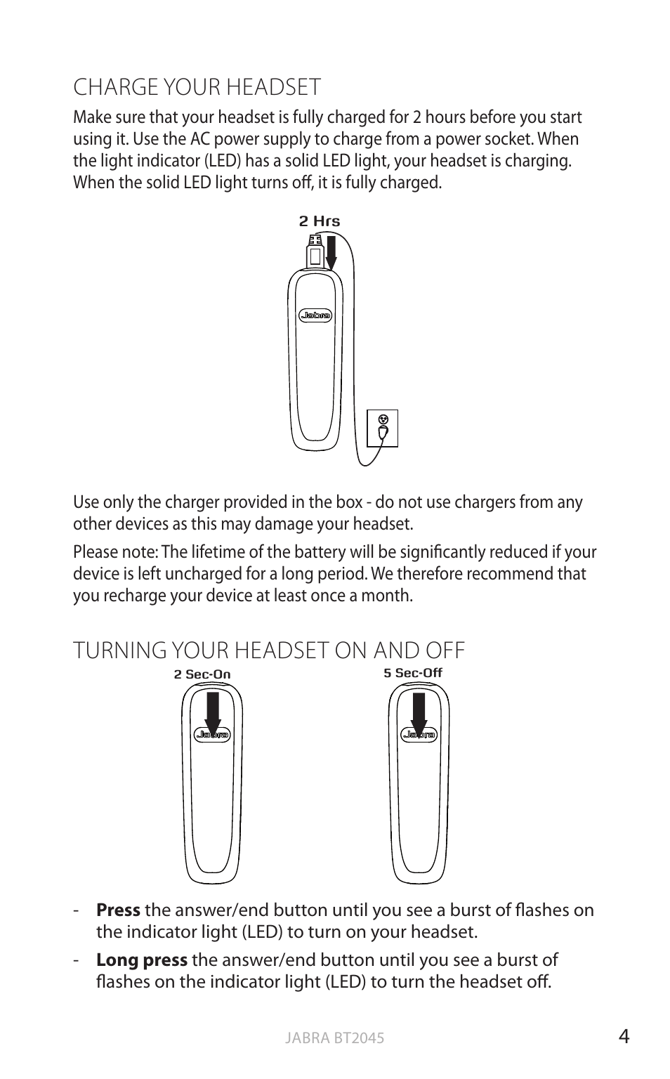English, Charge your headset, Turning your headset on and off | Jabra BT2045 User Manual | Page 5 / 14