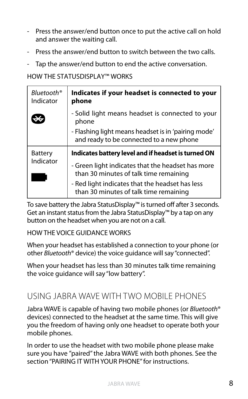 Using jabra wave with two mobile phones, En g li sh | Jabra WAVE User Manual | Page 10 / 49