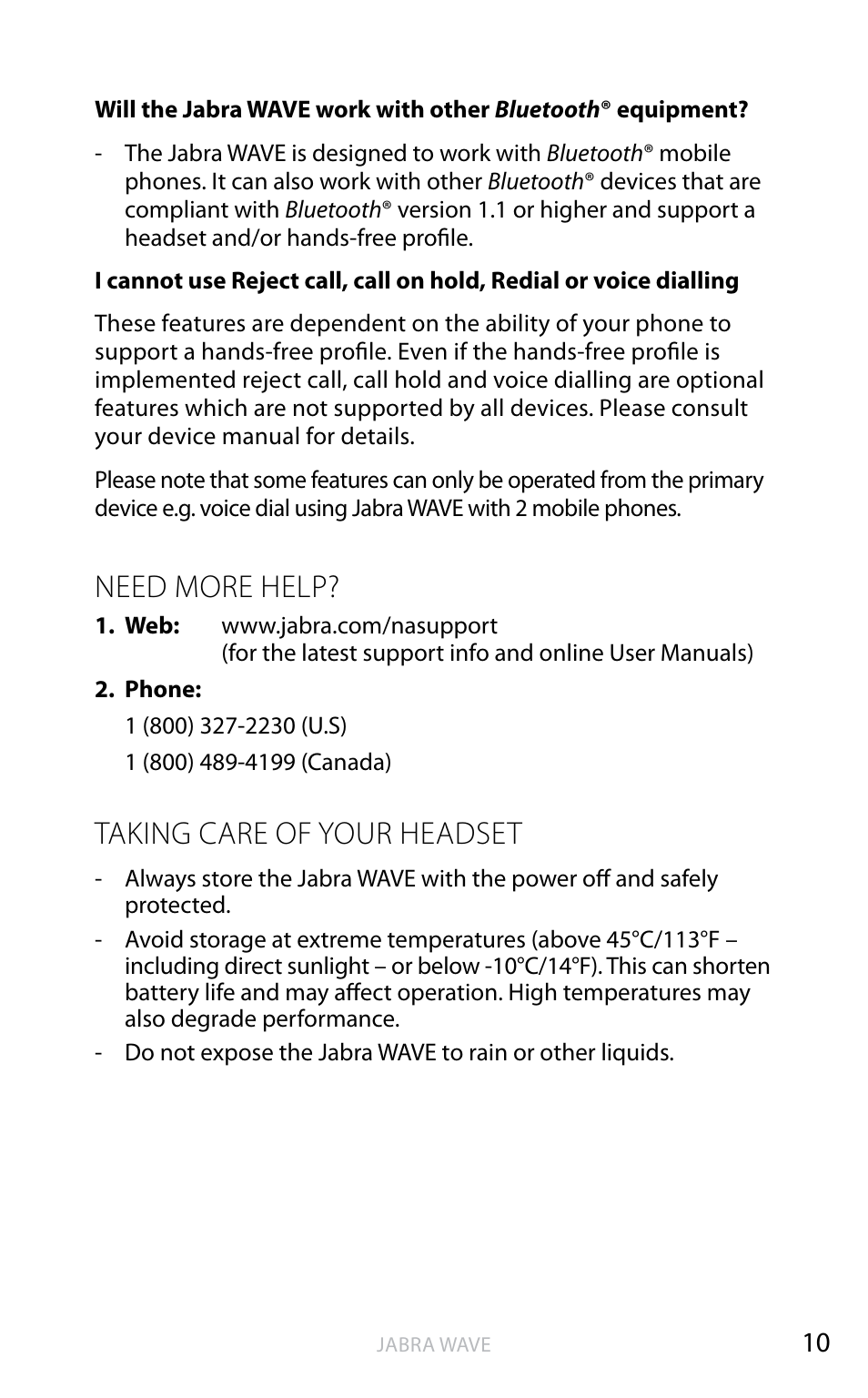 Need more help, En g li sh, Taking care of your headset | Jabra WAVE User Manual | Page 12 / 49