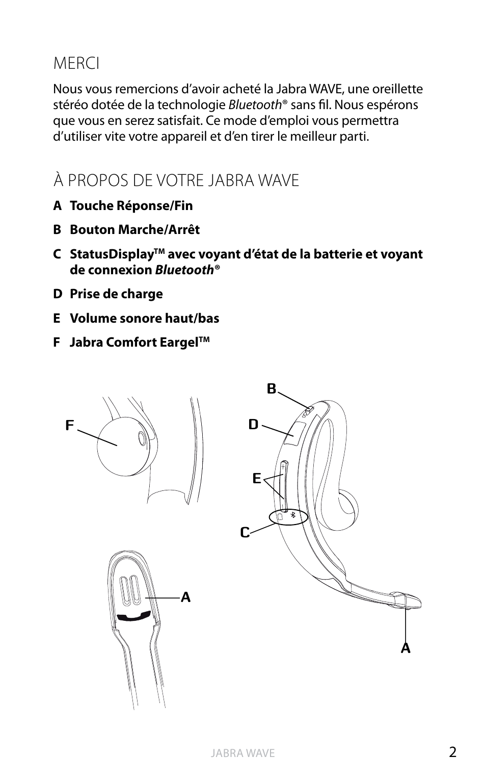 Merci, À propos de votre jabra wave, An g la is | Jabra WAVE User Manual | Page 15 / 49
