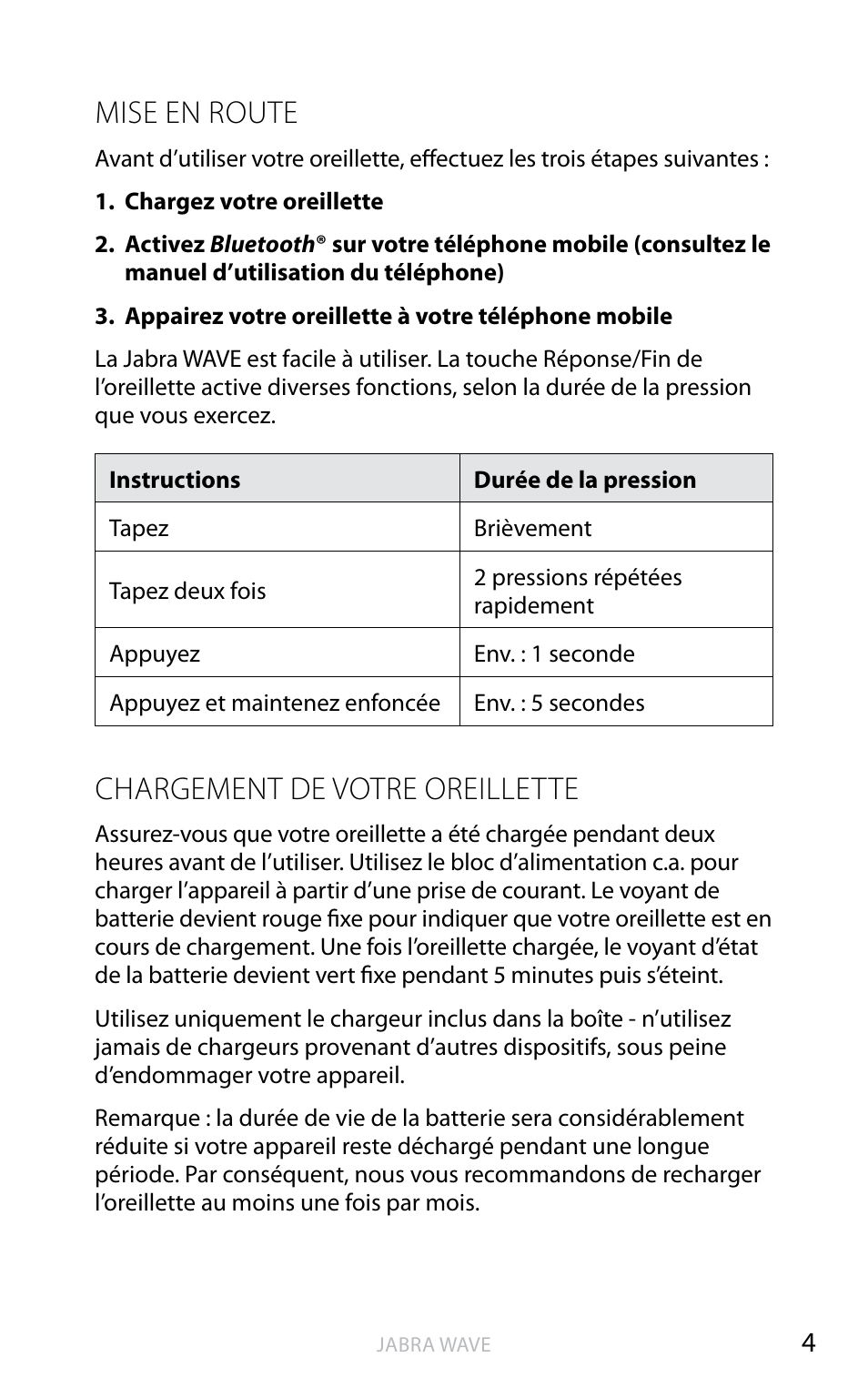 Mise en route, Chargement de votre oreillette, An g la is | Jabra WAVE User Manual | Page 17 / 49