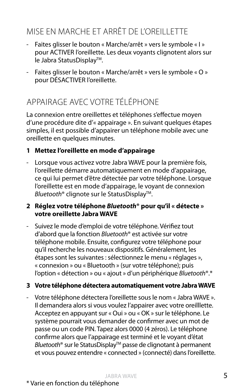 Mise en marche et arrêt de l’oreillette, Appairage avec votre téléphone, An g la is | Jabra WAVE User Manual | Page 18 / 49