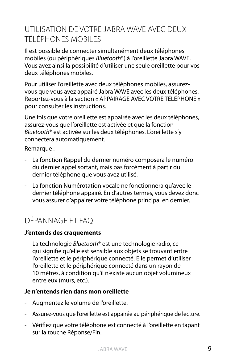 Utilisation de votre jabra wave avec deux, Téléphones mobiles, Dépannage et faq | An g la is | Jabra WAVE User Manual | Page 22 / 49