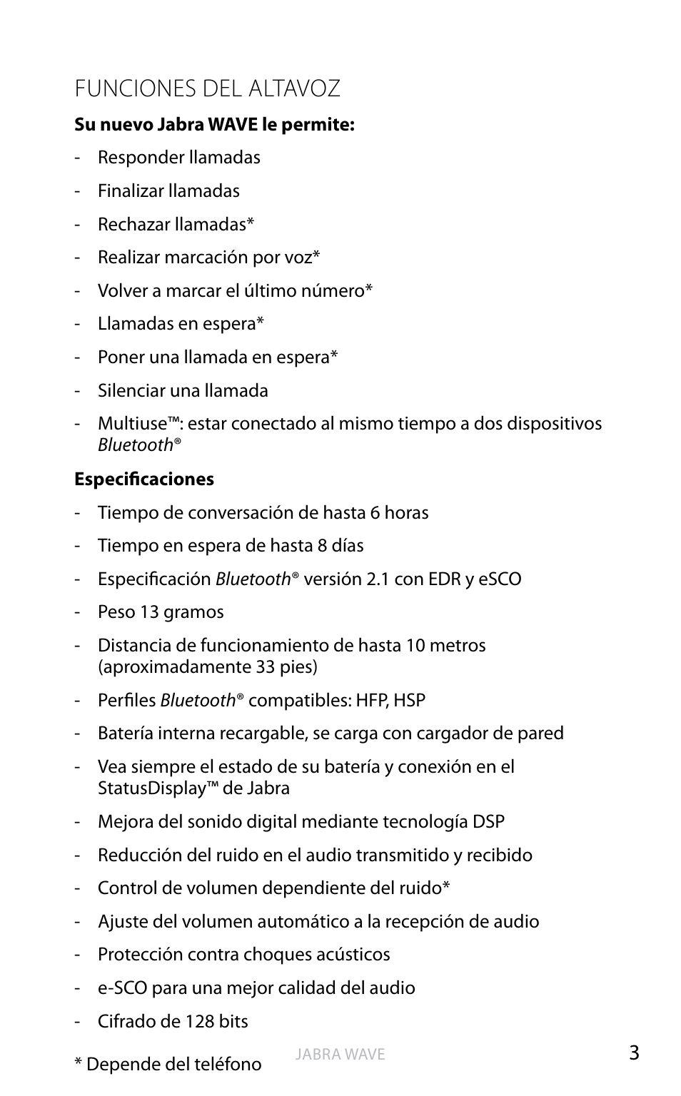 Funciones del altavoz | Jabra WAVE User Manual | Page 28 / 49