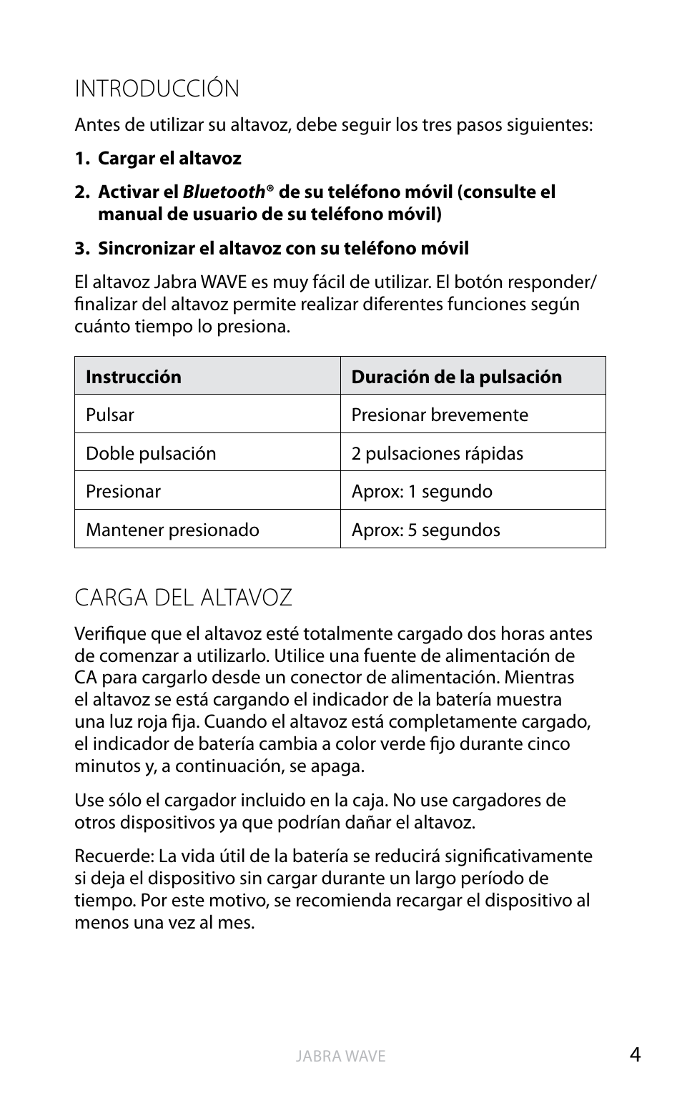 Introducción, Carga del altavoz | Jabra WAVE User Manual | Page 29 / 49