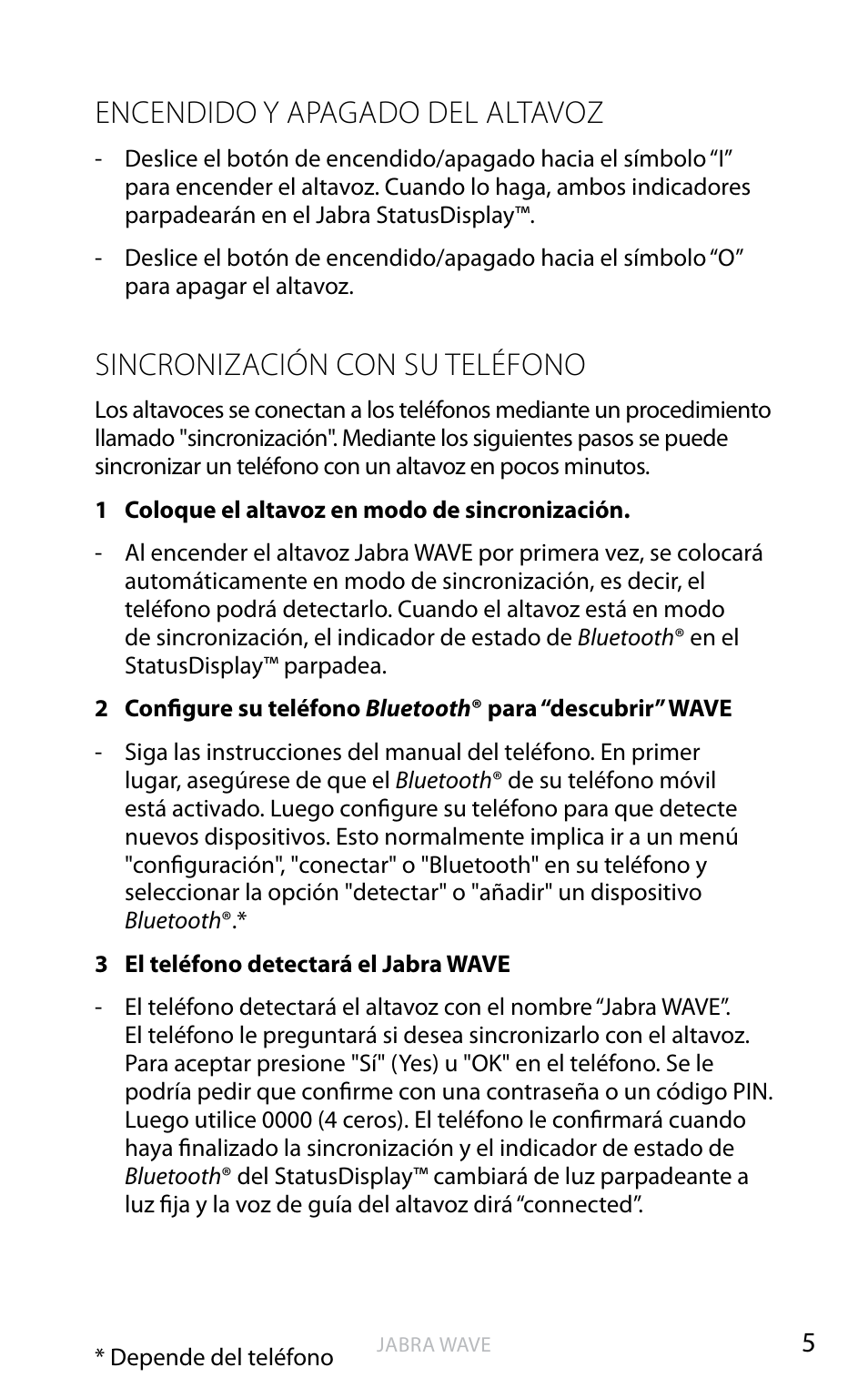 Encendido y apagado del altavoz, Sincronización con su teléfono | Jabra WAVE User Manual | Page 30 / 49