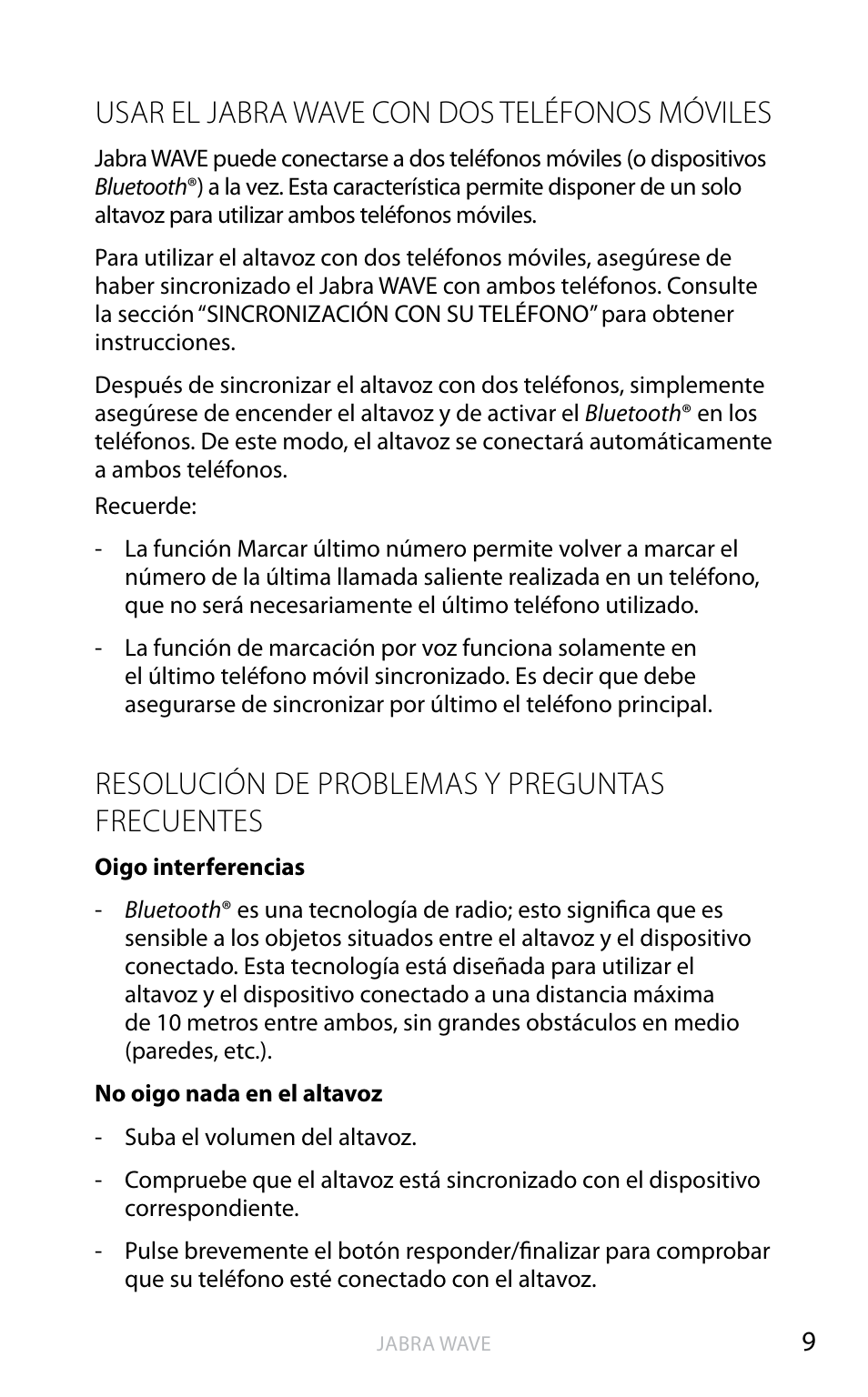 Usar el jabra wave con dos teléfonos móviles, Resolución de problemas y preguntas frecuentes | Jabra WAVE User Manual | Page 34 / 49