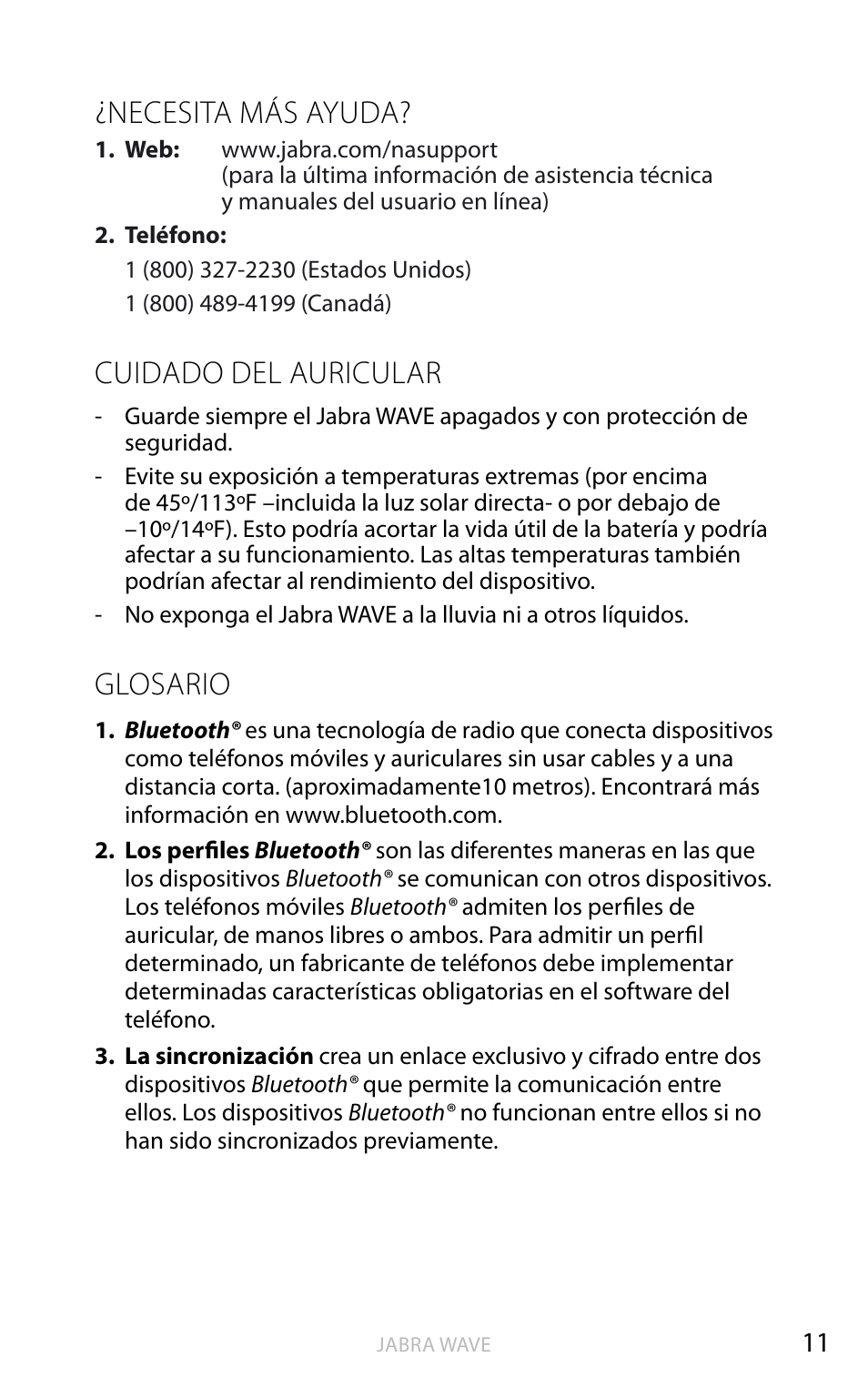 Necesita más ayuda, Cuidado del auricular, Glosario | Jabra WAVE User Manual | Page 36 / 49
