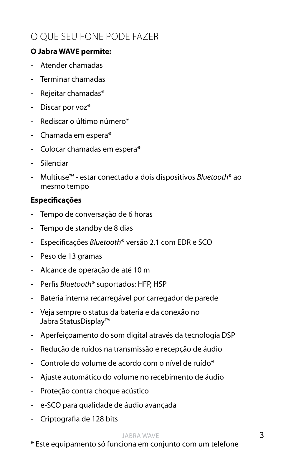 O que seu fone pode fazer | Jabra WAVE User Manual | Page 40 / 49