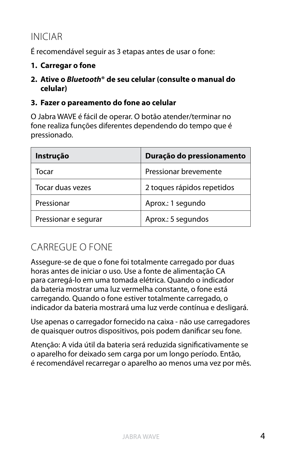 Iniciar, Carregue o fone | Jabra WAVE User Manual | Page 41 / 49