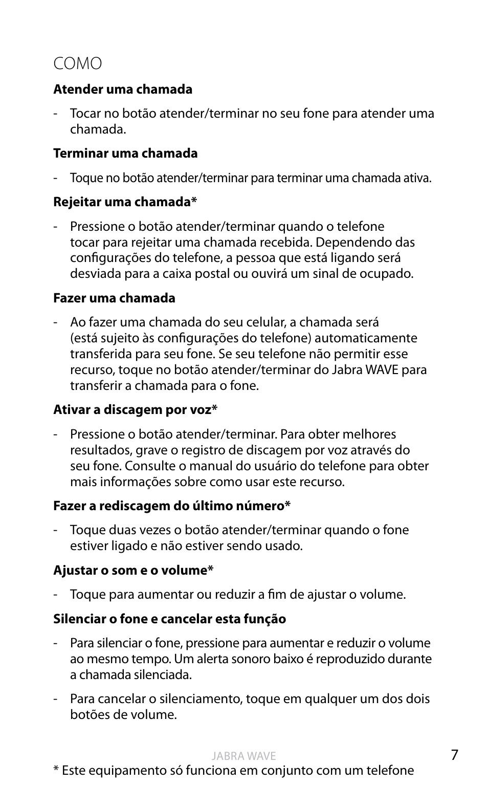 Como | Jabra WAVE User Manual | Page 44 / 49