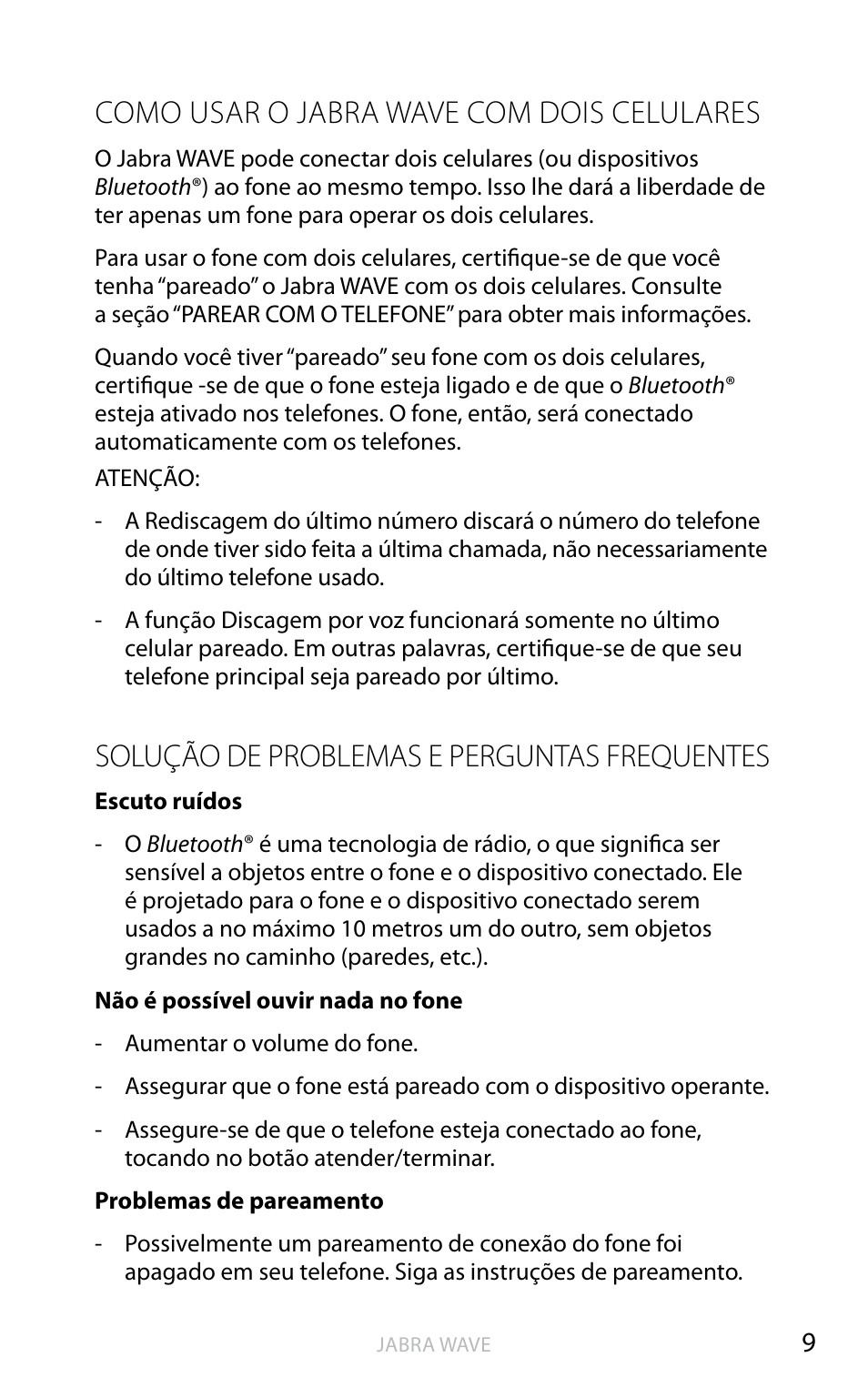 Como usar o jabra wave com dois celulares, Solução de problemas e perguntas frequentes | Jabra WAVE User Manual | Page 46 / 49
