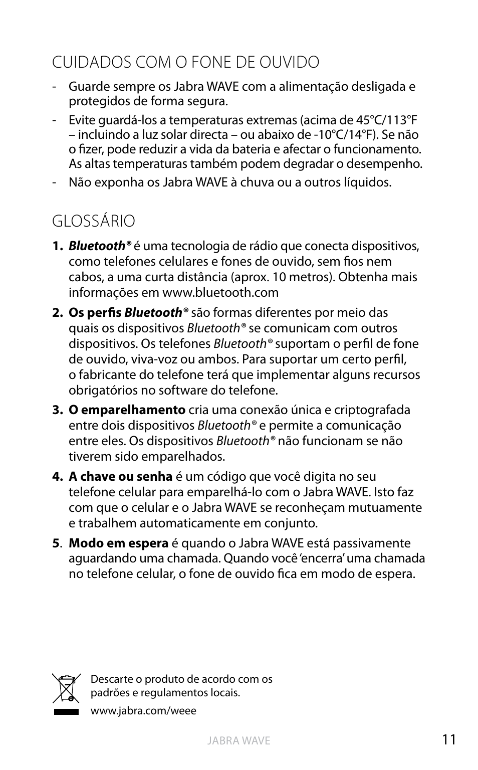Cuidados com o fone de ouvido, Glossário | Jabra WAVE User Manual | Page 48 / 49