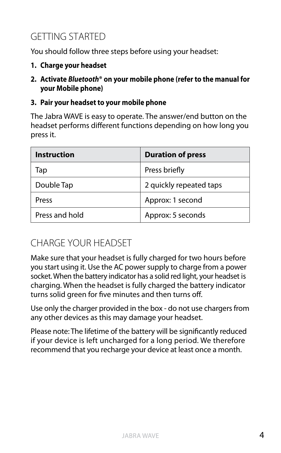 Getting started, Charge your headset, En g li sh | Jabra WAVE User Manual | Page 6 / 49