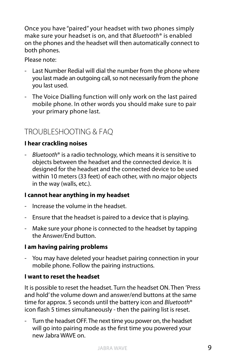 Troubleshooting & faq, En g li sh | Jabra WAVE User Manual | Page 11 / 87