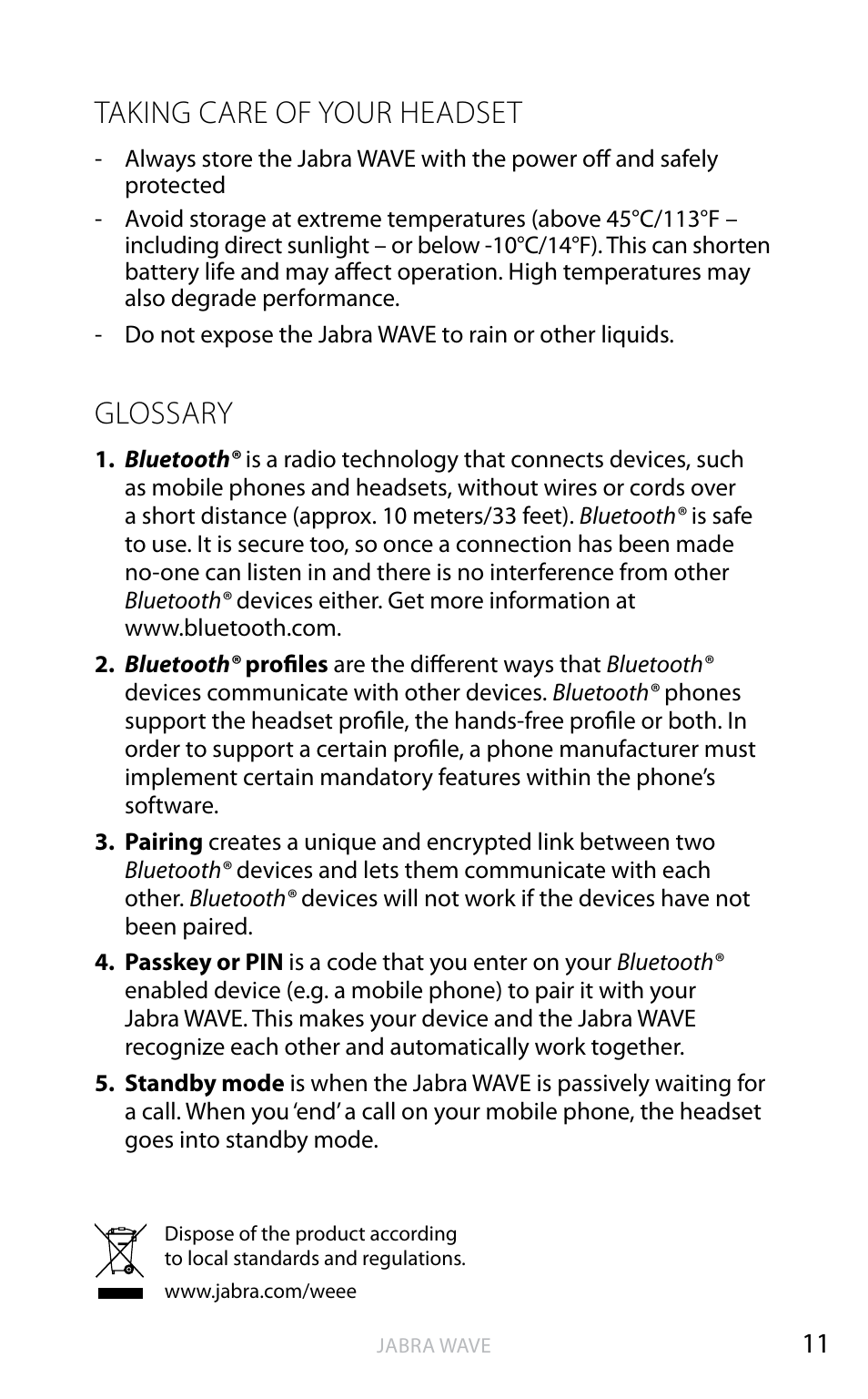Taking care of your headset, Glossary, En g li sh | Jabra WAVE User Manual | Page 13 / 87