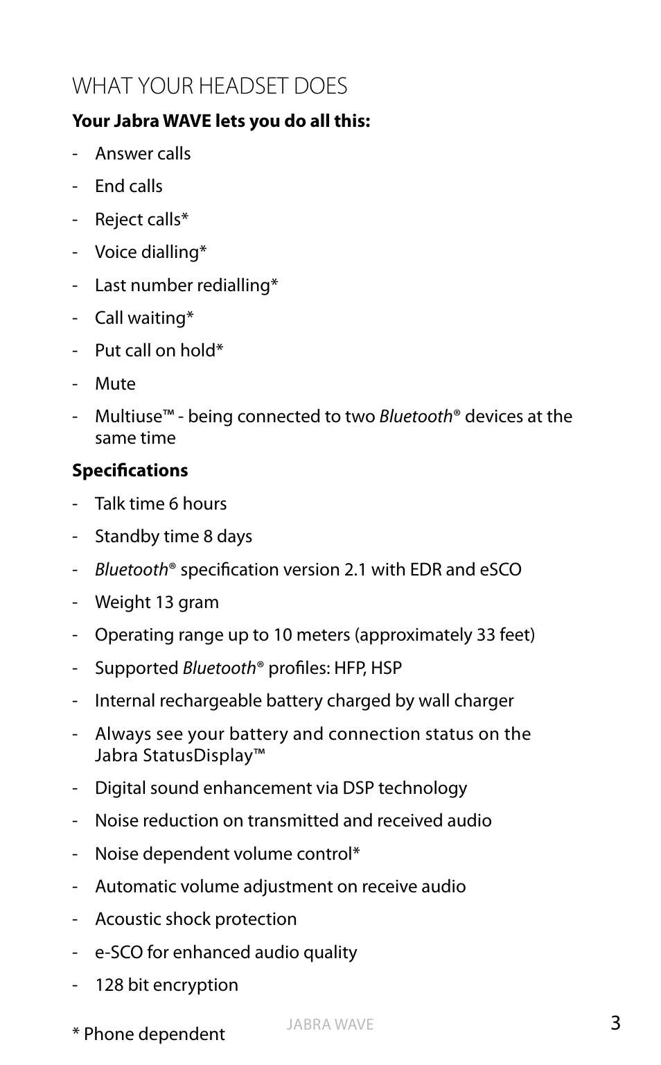 What your headset does, En g li sh | Jabra WAVE User Manual | Page 5 / 87