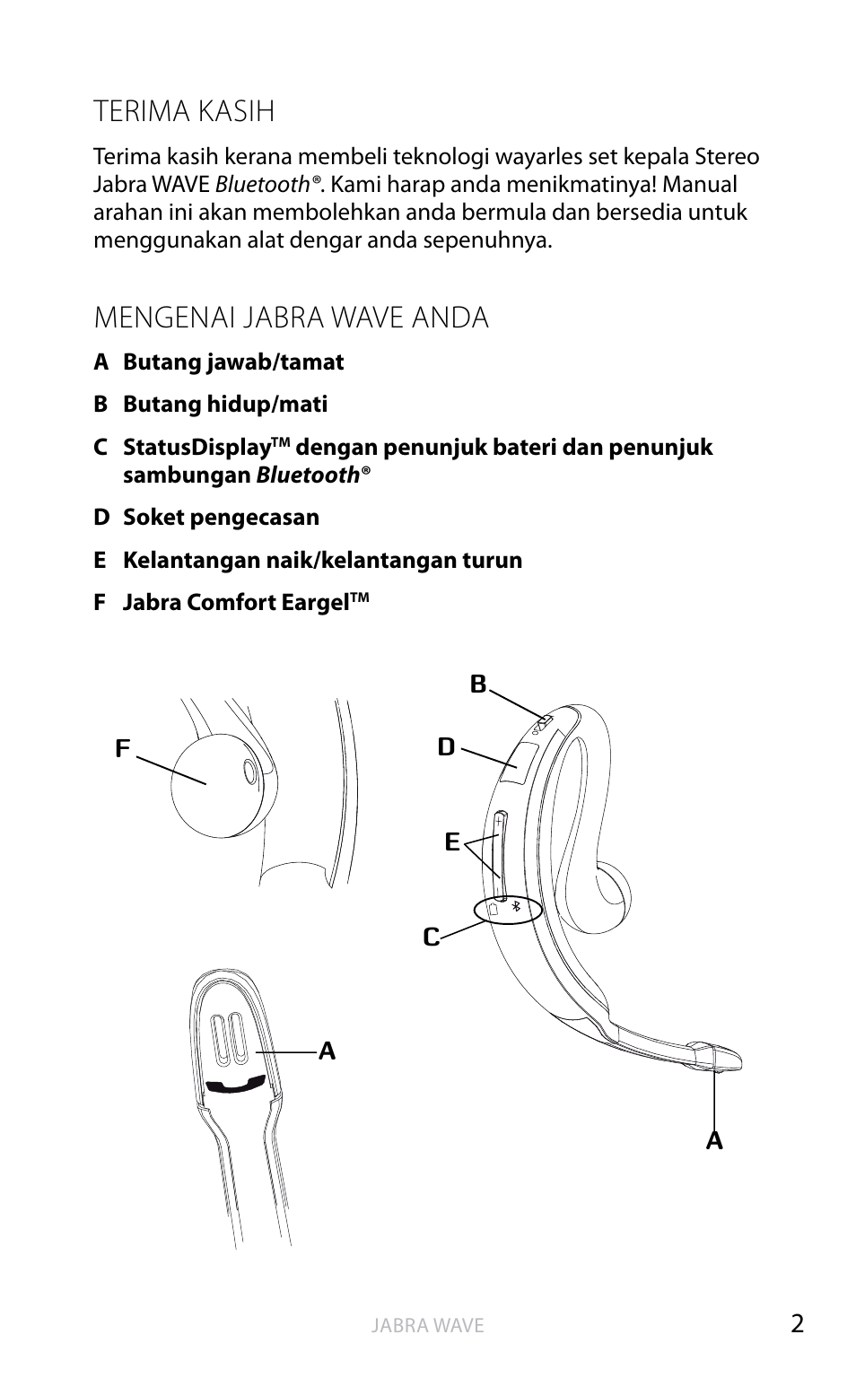 Terima kasih, Mengenai jabra wave anda, Ba h a sa in g g er is | Jabra WAVE User Manual | Page 63 / 87