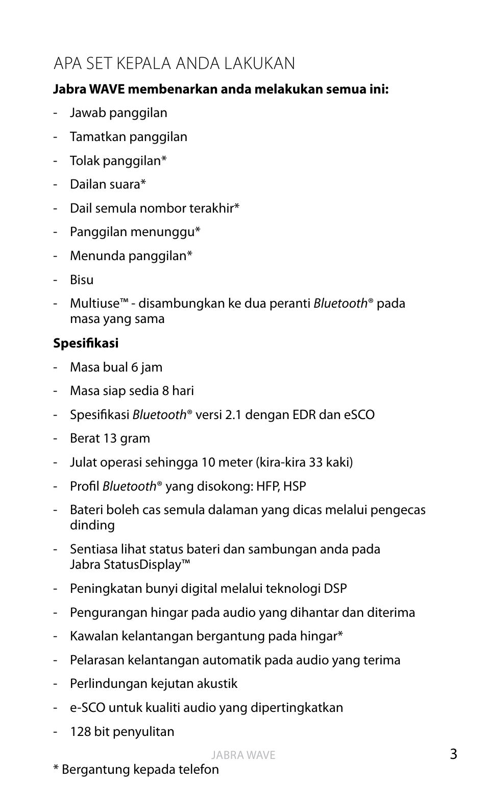 Apa set kepala anda lakukan, Ba h a sa in g g er is | Jabra WAVE User Manual | Page 64 / 87