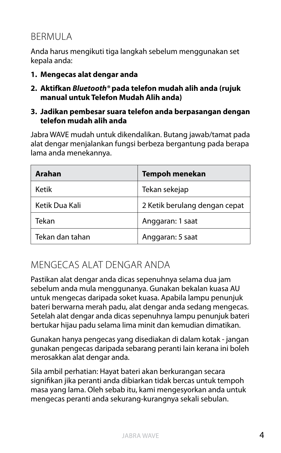 Bermula, Mengecas alat dengar anda, Ba h a sa in g g er is | Jabra WAVE User Manual | Page 65 / 87