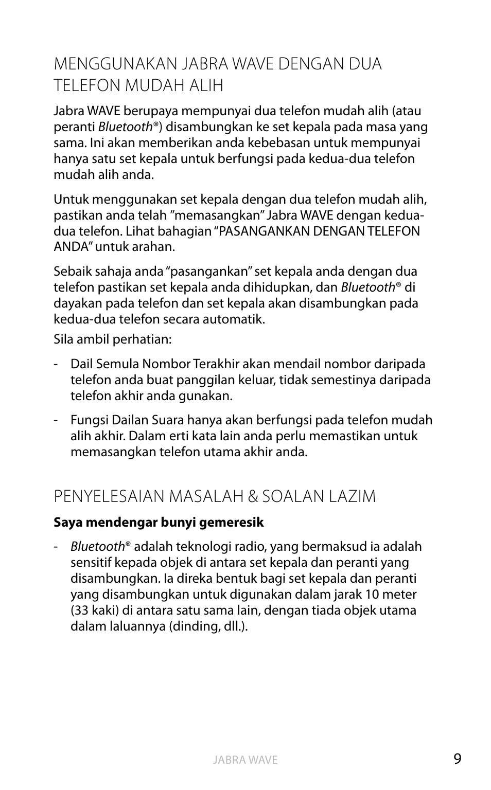 Menggunakan jabra wave dengan dua telefon mudah, Alih, Penyelesaian masalah & soalan lazim | Ba h a sa in g g er is | Jabra WAVE User Manual | Page 70 / 87