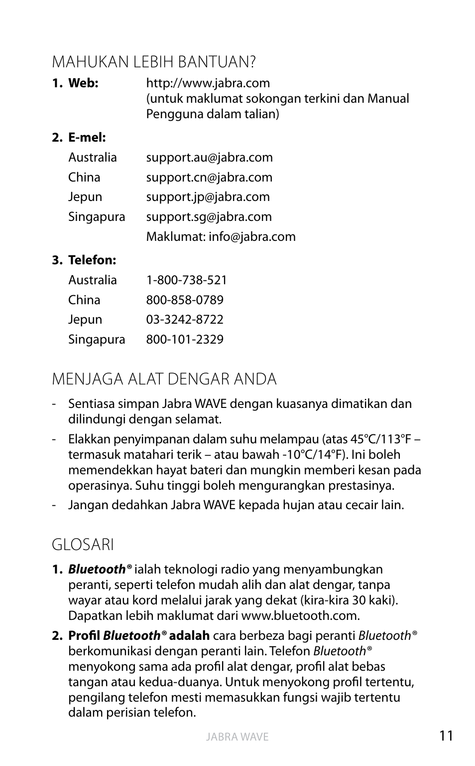 Mahukan lebih bantuan, Menjaga alat dengar anda, Glosari | Ba h a sa in g g er is | Jabra WAVE User Manual | Page 72 / 87