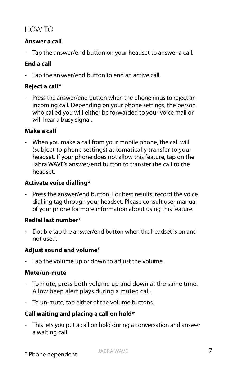 How to, En g li sh | Jabra WAVE User Manual | Page 9 / 87