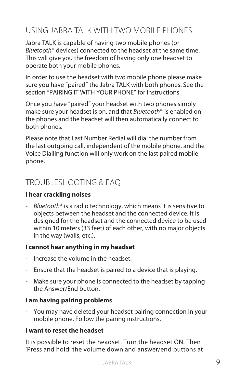 English, Using jabra talk with two mobile phones, Troubleshooting & faq | Jabra TALK User Manual | Page 10 / 14