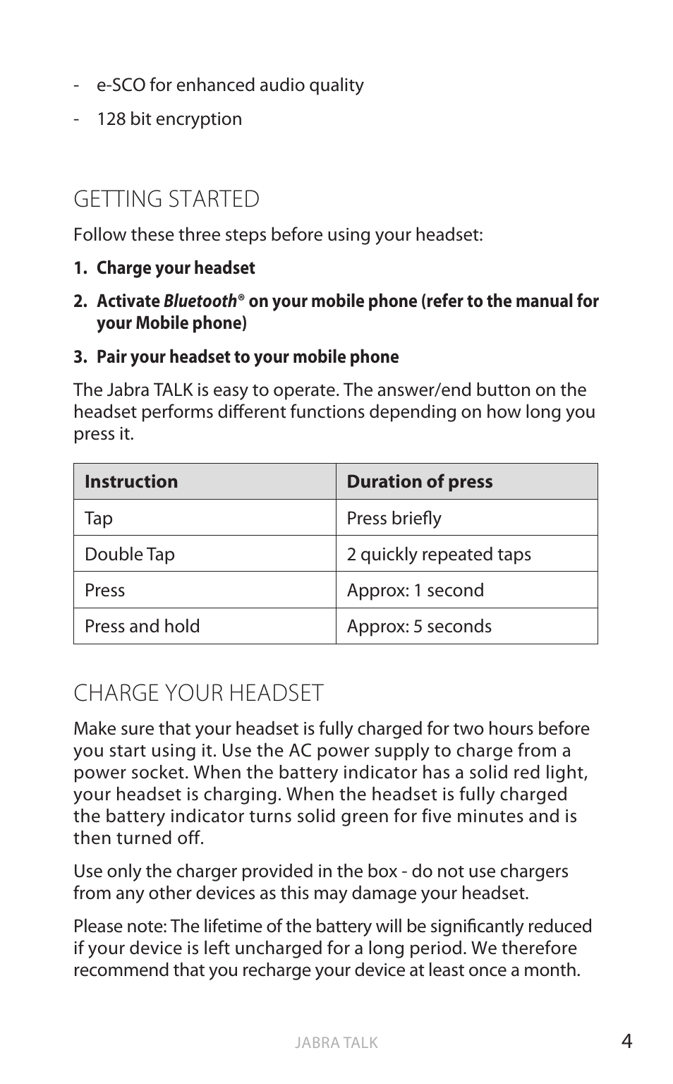 English, Getting started, Charge your headset | Jabra TALK User Manual | Page 5 / 14