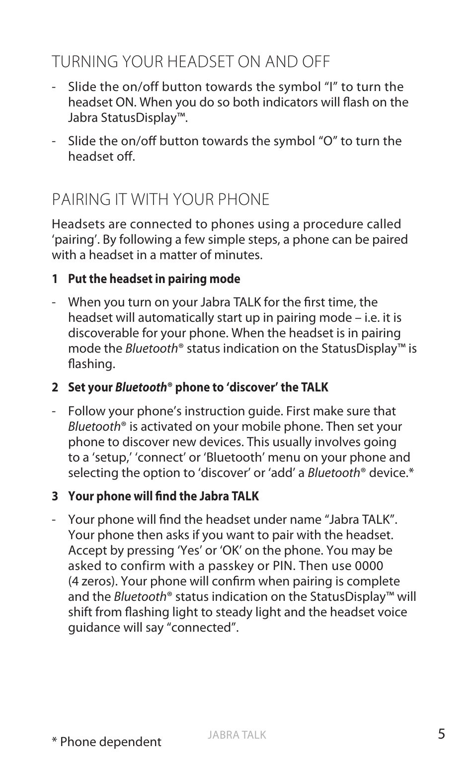 English, Turning your headset on and off, Pairing it with your phone | Jabra TALK User Manual | Page 6 / 14