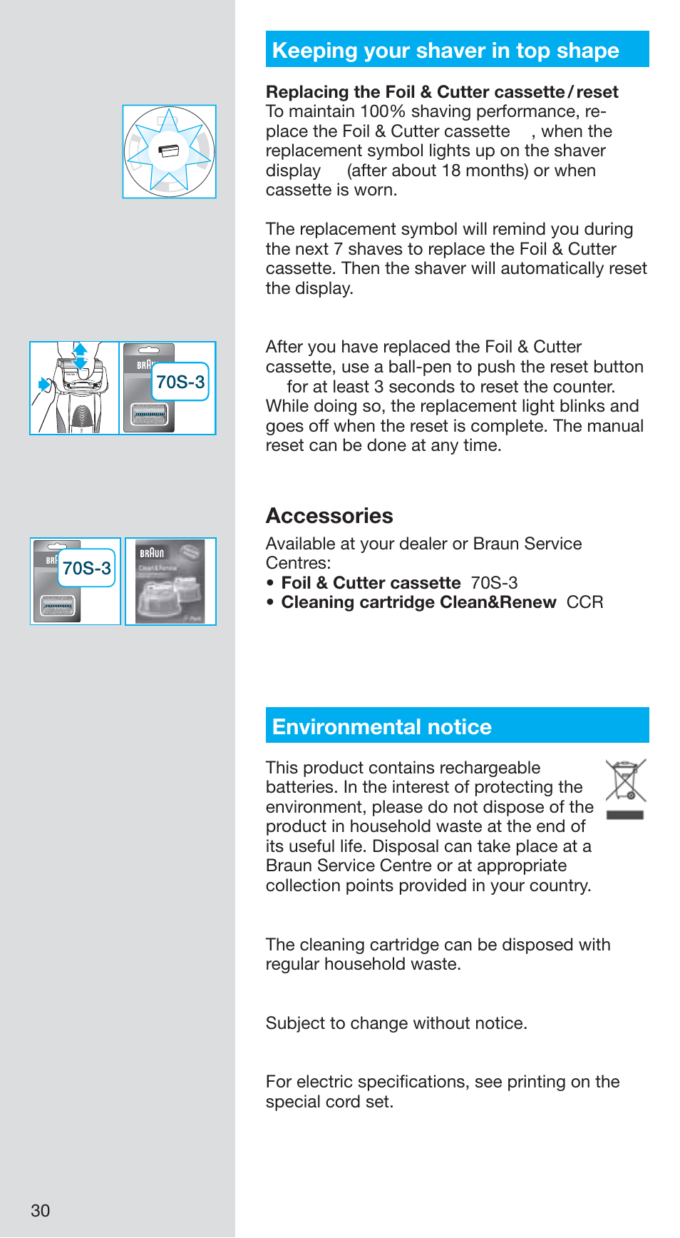 99731356_750cc-5_japan 30.pdf, Keeping your shaver in top shape, Accessories | Environmental notice | Braun 750CC-5 User Manual | Page 30 / 31