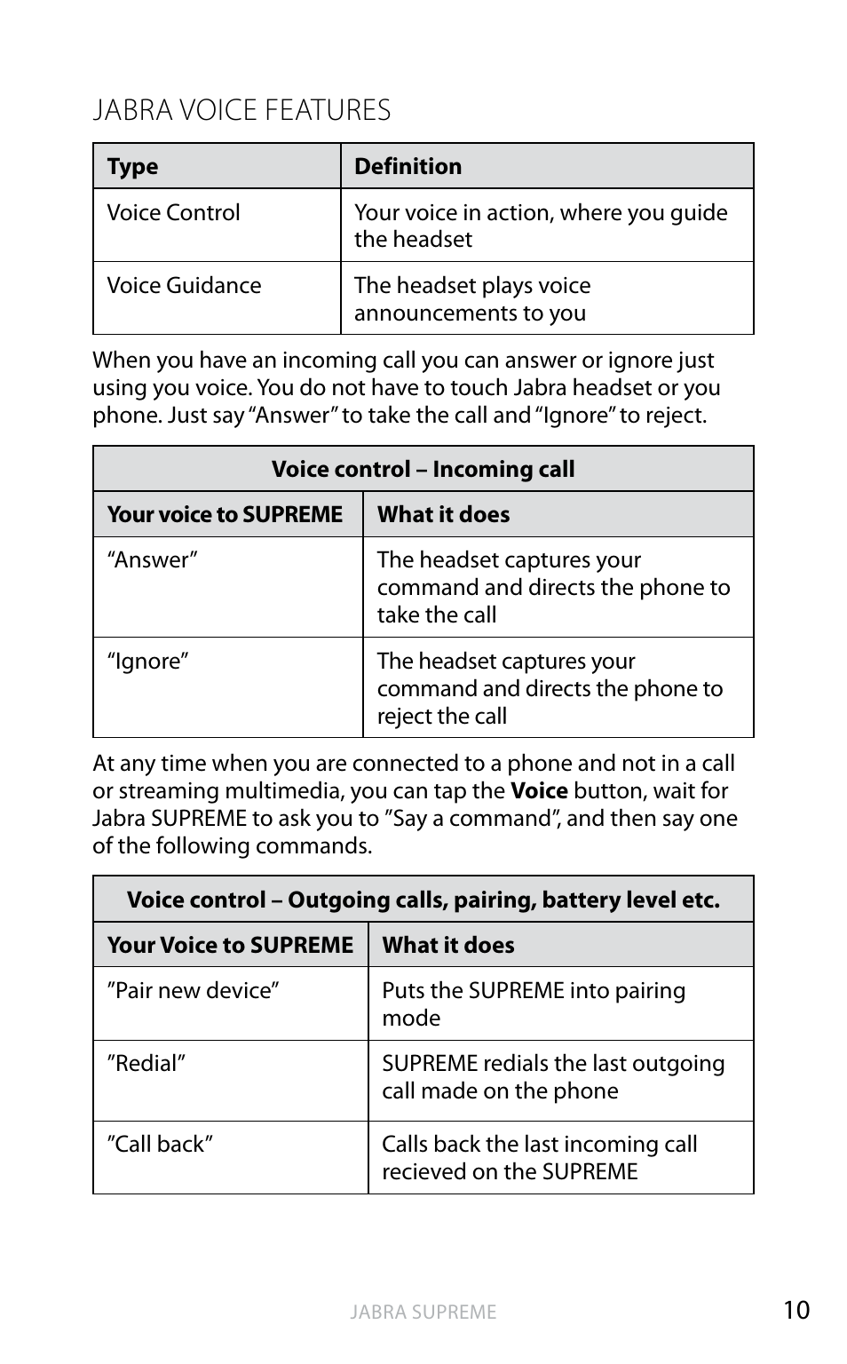 English, Jabra voice features | Jabra SUPREME User Manual | Page 11 / 19