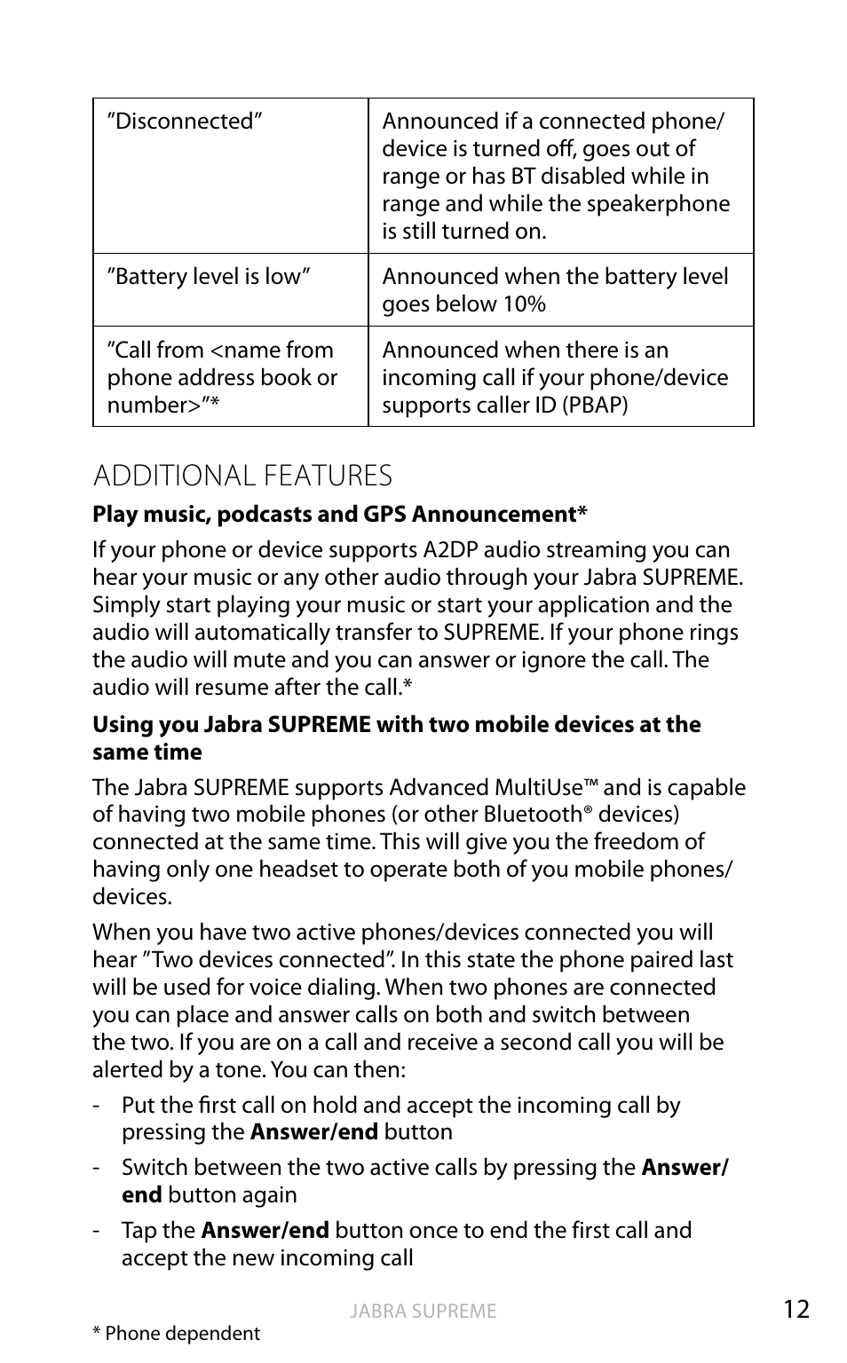 English, Additional features | Jabra SUPREME User Manual | Page 13 / 19