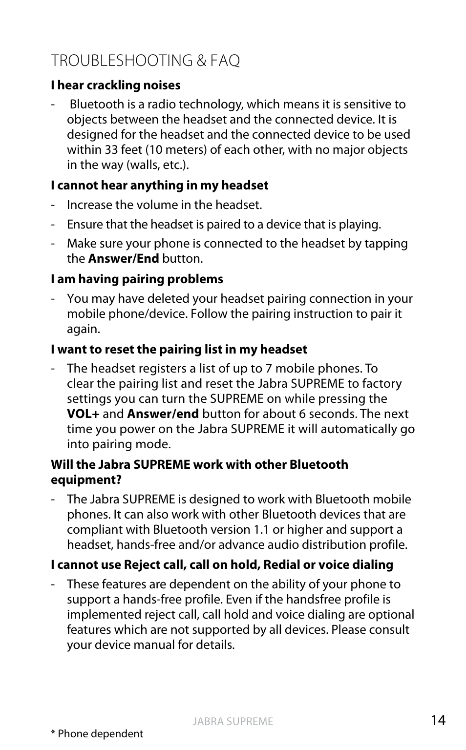 English, Troubleshooting & faq | Jabra SUPREME User Manual | Page 15 / 19