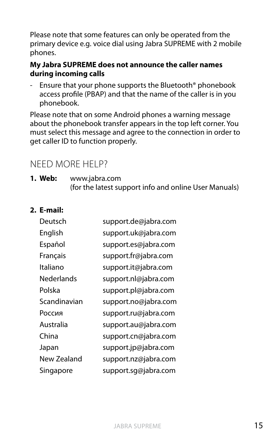 English, Need more help | Jabra SUPREME User Manual | Page 16 / 19