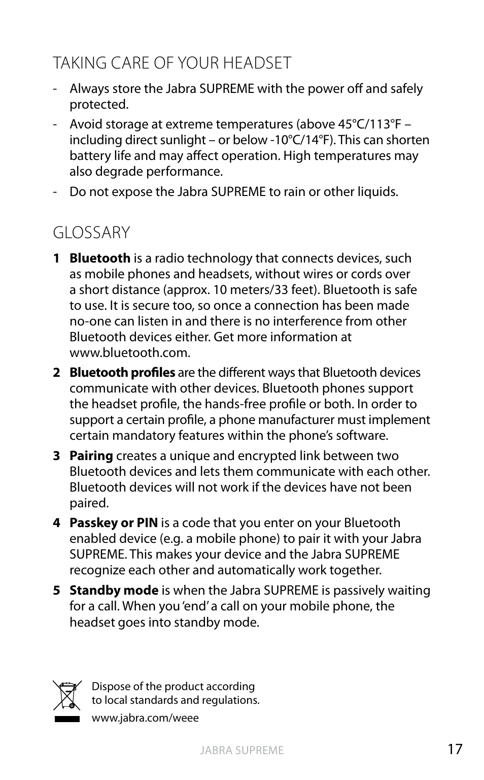 English, Taking care of your headset, Glossary | Jabra SUPREME User Manual | Page 18 / 19