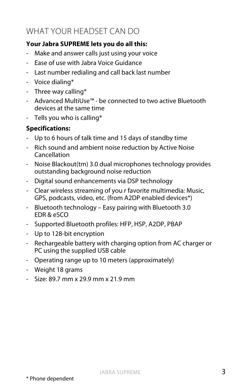 English, What your headset can do | Jabra SUPREME User Manual | Page 4 / 19