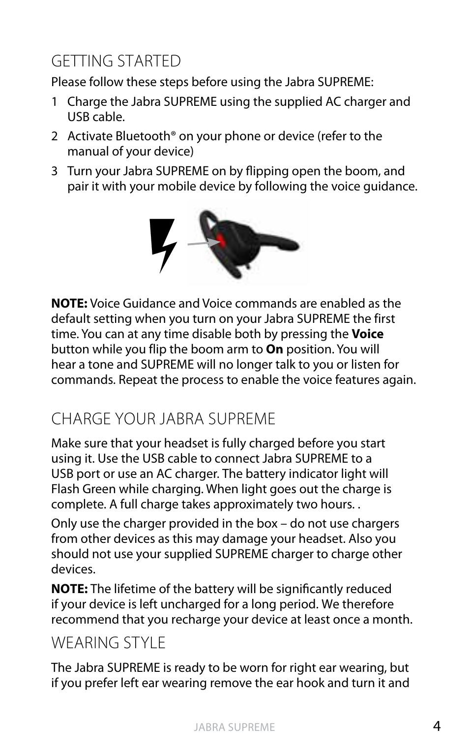 English, Getting started, Charge your jabra supreme | Wearing style | Jabra SUPREME User Manual | Page 5 / 19