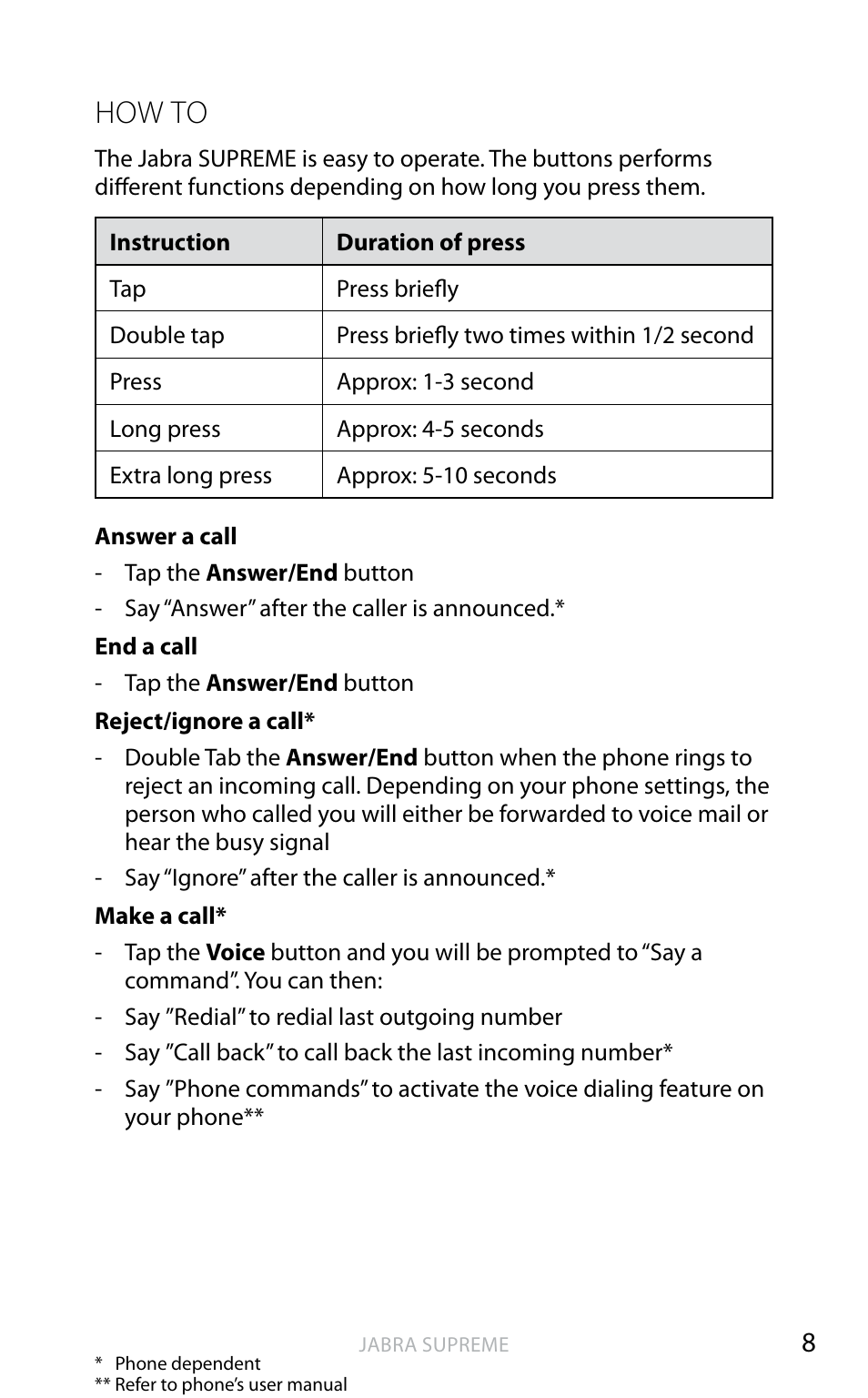 English, How to | Jabra SUPREME User Manual | Page 9 / 19