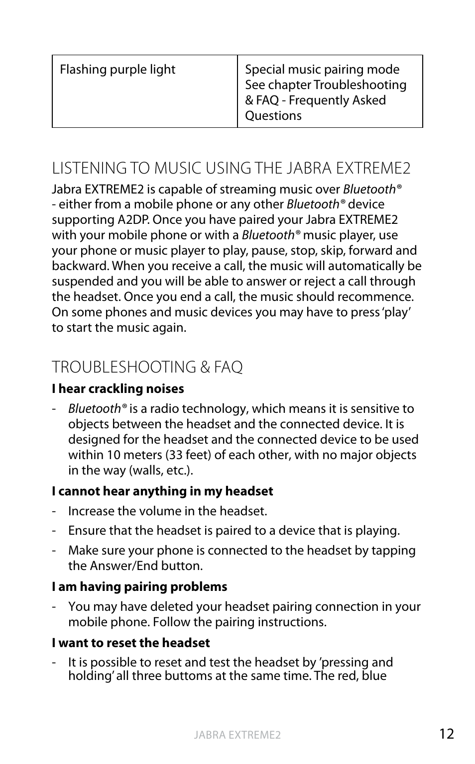 Listening to music using the jabra extreme2, Troubleshooting & faq, English | Jabra EXTREME2 User Manual | Page 13 / 17