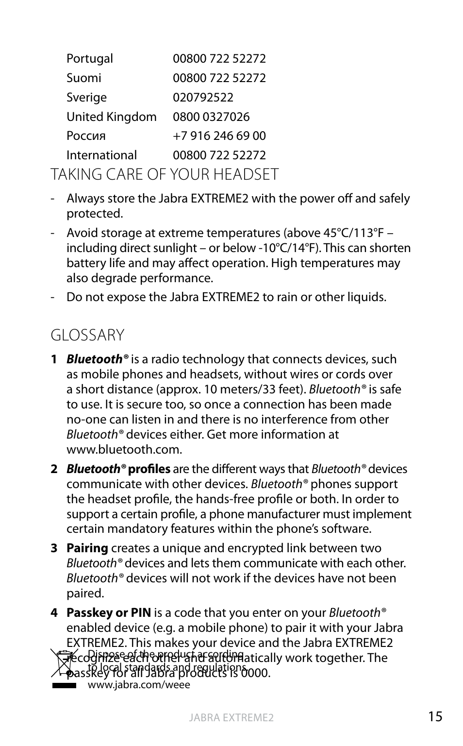 Taking care of your headset, Glossary, English | Jabra EXTREME2 User Manual | Page 16 / 17