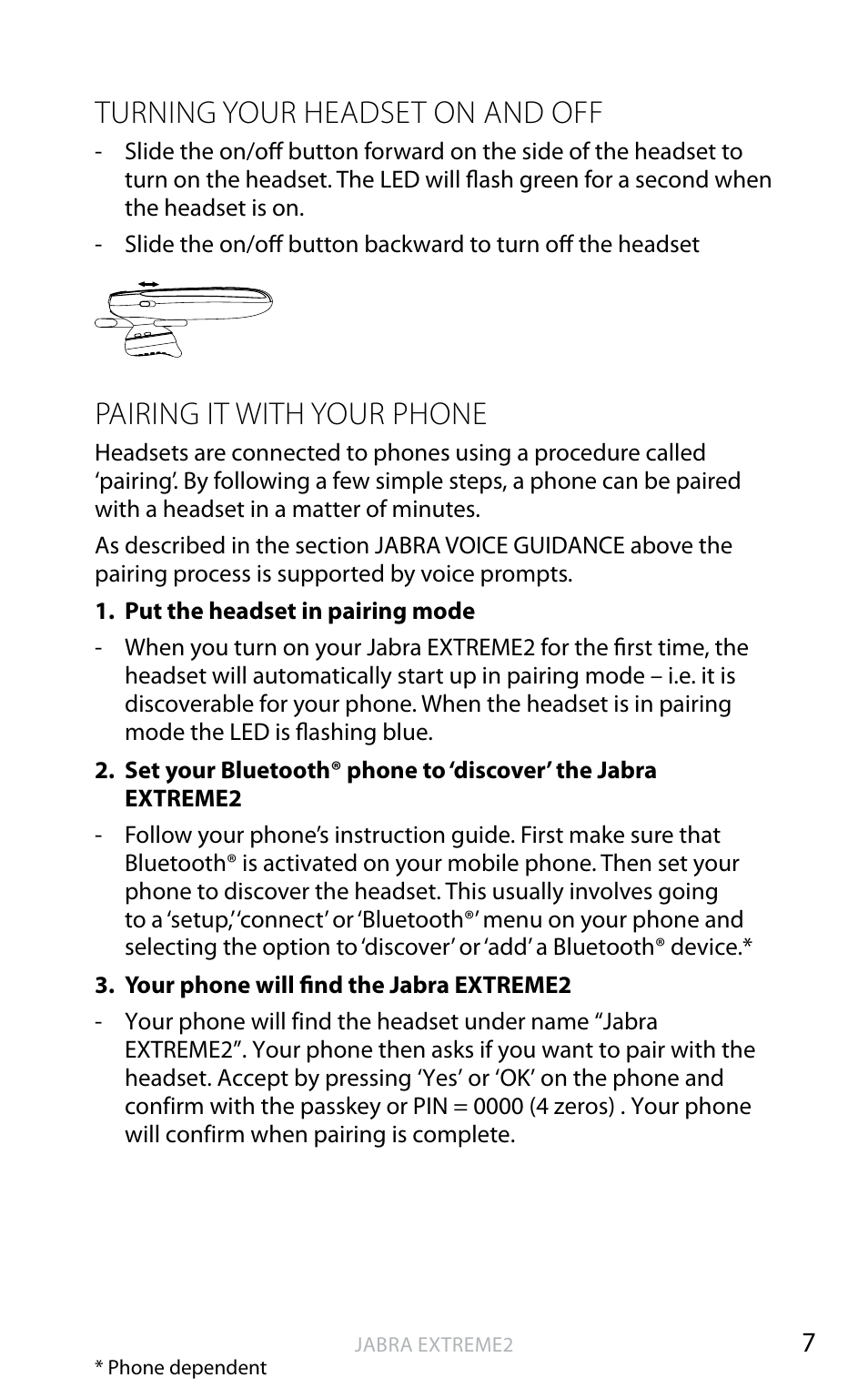 Turning your headset on and off, Pairing it with your phone, English | Jabra EXTREME2 User Manual | Page 8 / 17