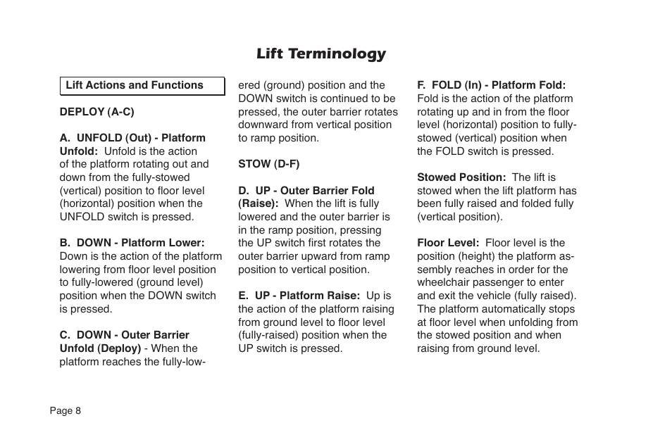 Lift terminology | Braun NL Series User Manual | Page 10 / 53