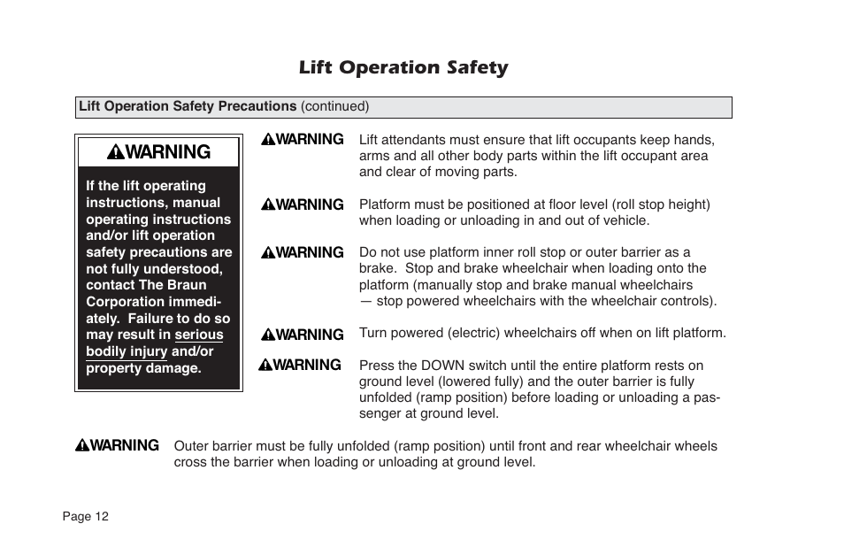 Lift operation safety, Warning | Braun NL Series User Manual | Page 14 / 53