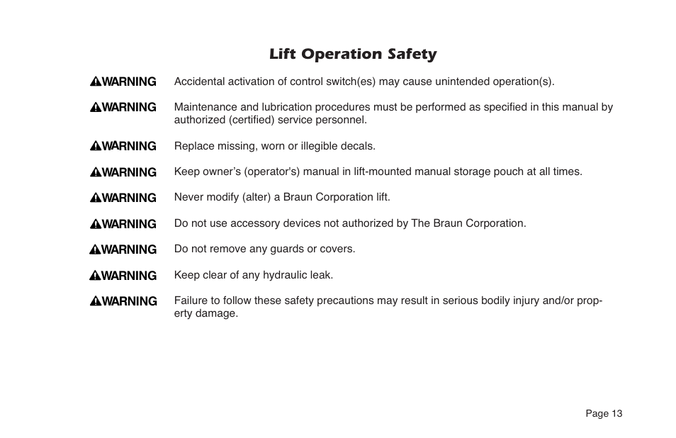 Lift operation safety | Braun NL Series User Manual | Page 15 / 53