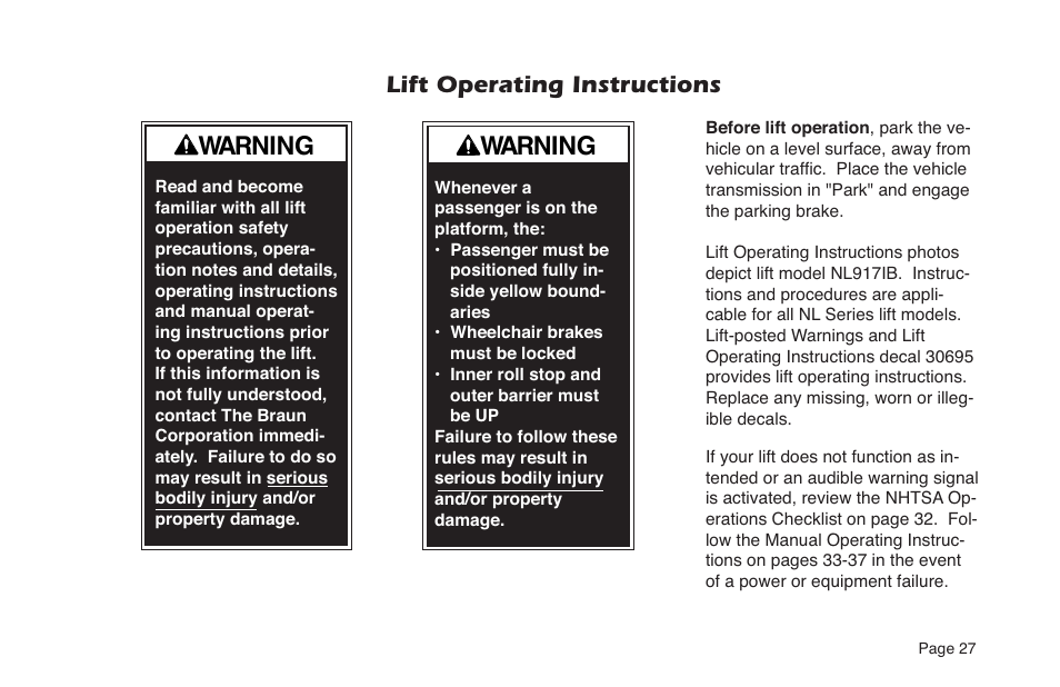 Warning, Lift operating instructions | Braun NL Series User Manual | Page 29 / 53